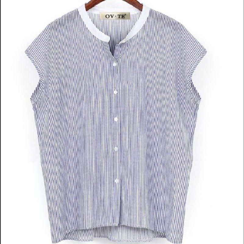 

European and American plus Size Women s Clothes Summer Stand Collar Stripes Single-Breasted Loose Chubby Girl Sleeveless Shirt Shirt Tops Tide Blue 4XL