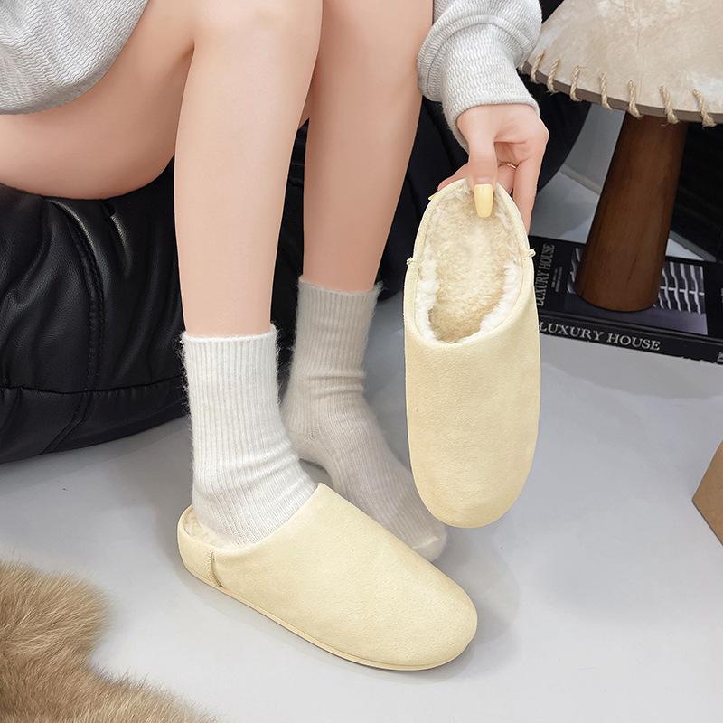 Dicksohlige, fellintegrierte Wollschuhe Damen 2025 Herbst und Winter neu Taschenkopf Halbschuhe lässige warme rutschfeste Baumwollpantoffeln