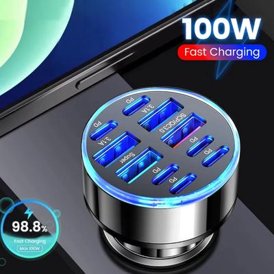 Cargador de Coche de 100W 10 Puertos Carga Rápida PD QC3.0 USB C Cargador de Teléfono para Coche Adaptador Tipo C en Coche Para iPhone Samsung Huawei Xiaomi