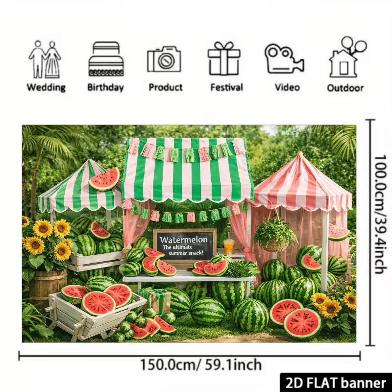 2D Watermelon Stand Backdrop, Summer Market Photography Background Banner