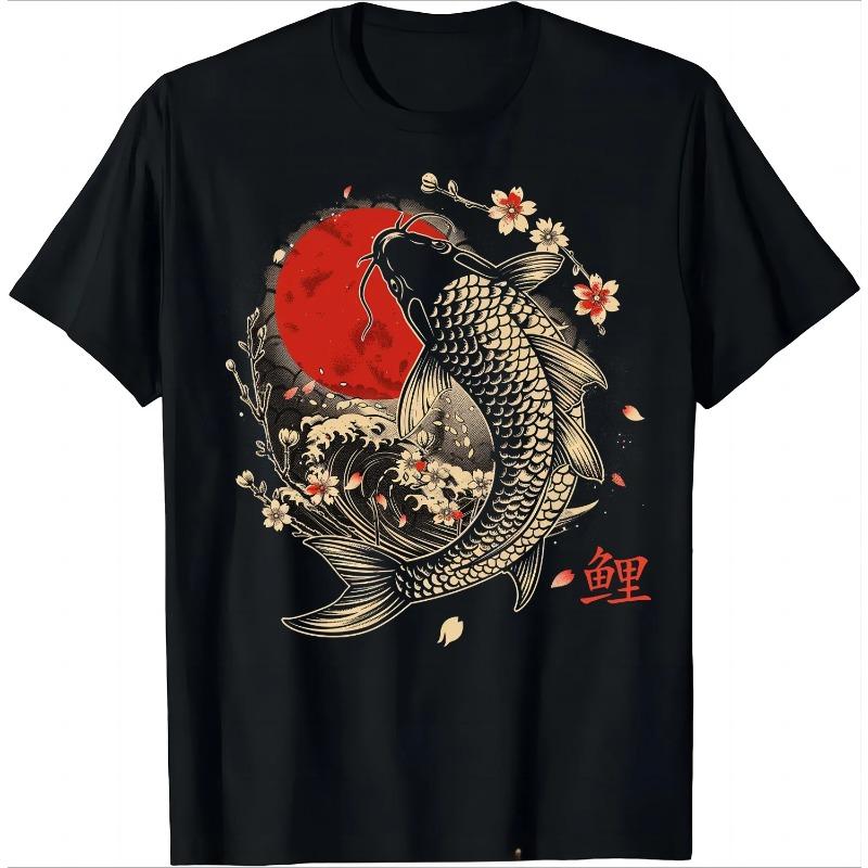 Sakura Koi Fish Japanese Sakura Pattern Art T-shirt Fashion O-neck Top T-shirt Women's Cotton Printed T-shirt Fashion Harajuku