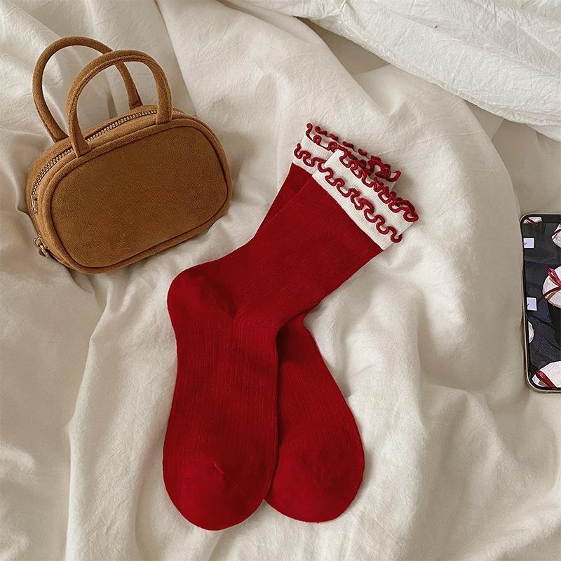 

Boneless, Bright Red New Year Socks for Autumn and Winter, Pure Cotton, Versatile, Double Buttonhole Bow, Mid-calf Women s Long Calf for Winter 1 pair