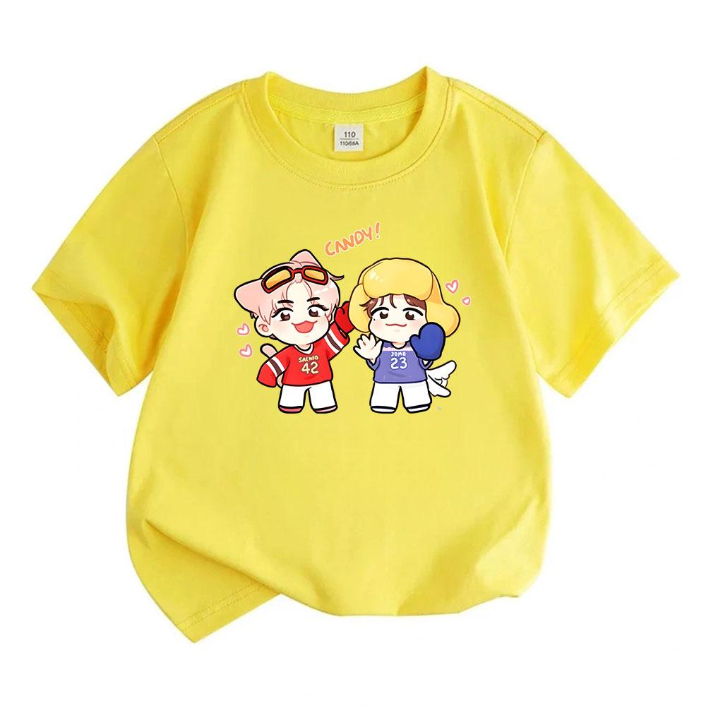 Kids Boys Girls 100% Cotton Crew Neck Short Sleeve T-Shirt, Cute Cartoon Chibi Idol Couple Print Casual Soft Summer Tee, Lovely Candy Pattern Breathab