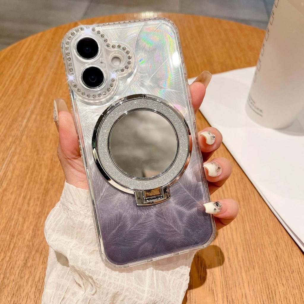 The Glass Mirror Surface Magnetic Stand Is Suitable for Iphone16 Phone Cases, Apple 15promax Luxurious Gradient Feather 14