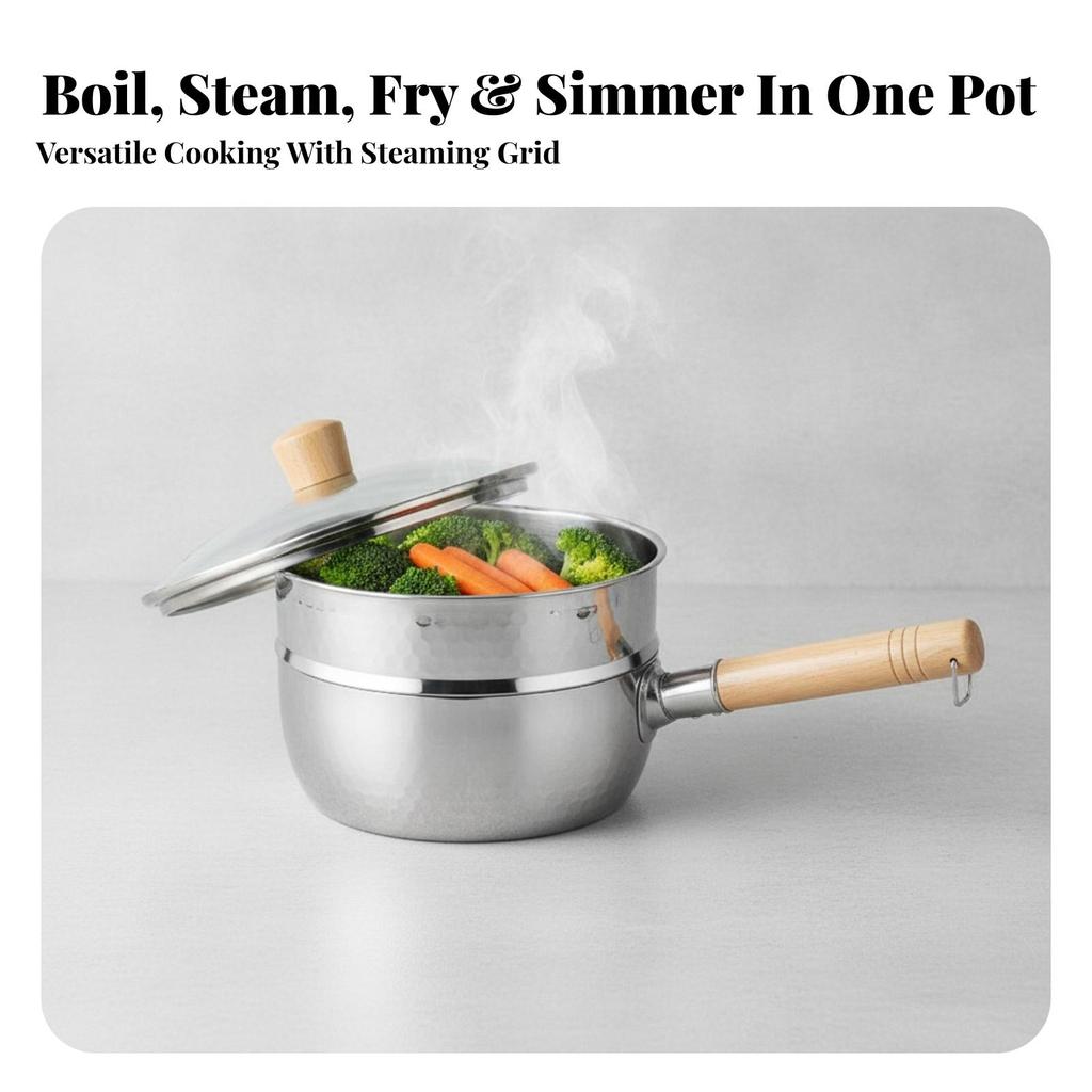 Uncoated Hammered Steel Pot with Lid | doubleSpout, Yukihira Saucepan