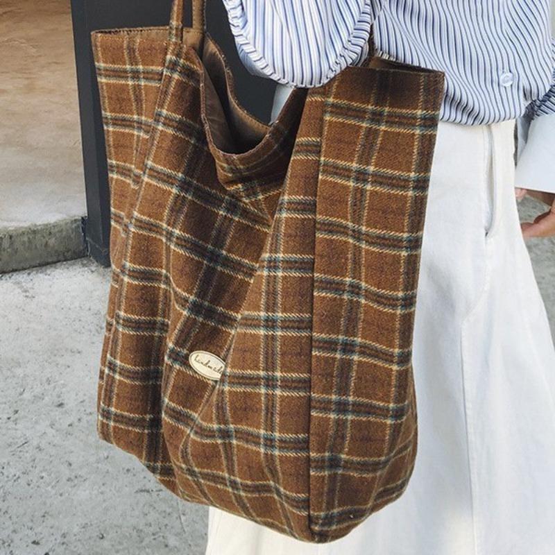Plaid canvas bag women's autumn and winter new tote bag casual large capacity portable shoulder cloth bag lazy wind