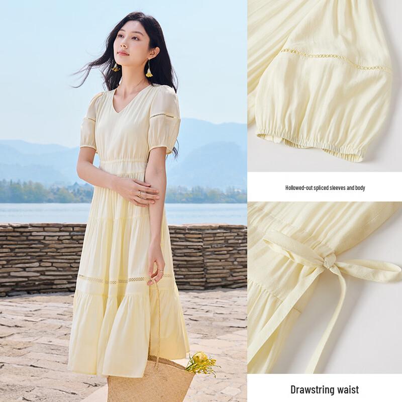 Xiangying Women's V-Neck Puff Sleeve Dress