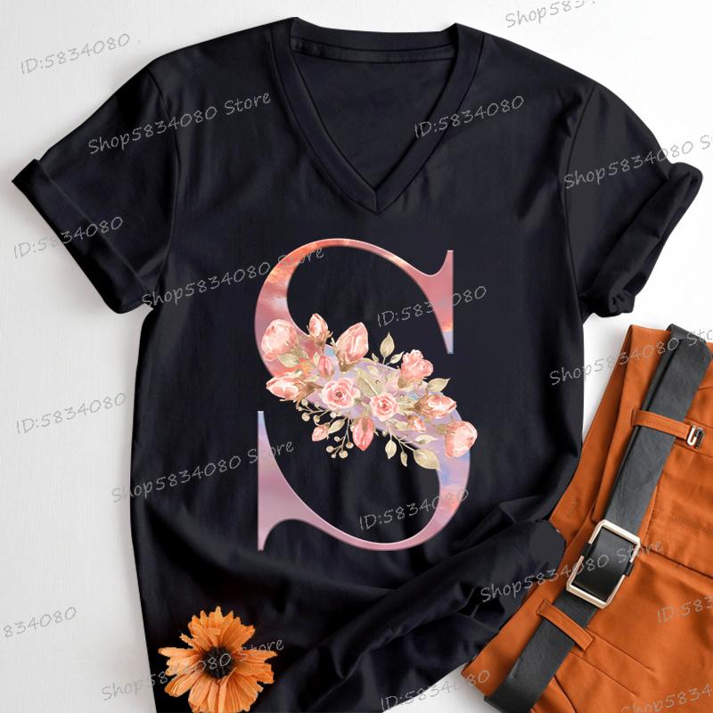 Womens Clothing Pink Flower Alphabet Classic Top Sky Alphabet Cartoon Tshirt FeUnisex Floral Letters A B C D Birthday Gift Shirt