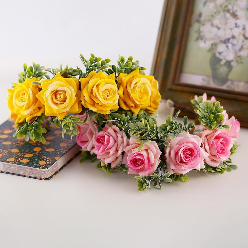Adjustable Floral Garland Handmade Rose Flower Wreath Headband with Ribbon for Wedding Festival Travelling Photo Props