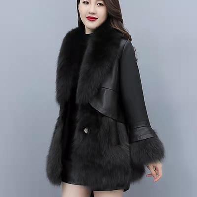 Women's Fur Coat Winter Artificial Fox Fur Coat Mid-length PU Leather Splicing Thickened Faux Fur Coat