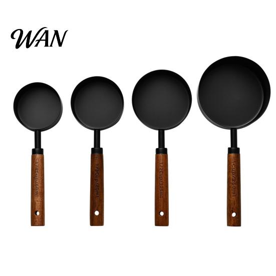Durable Baking Tools 4Pcs Gold-Plated Stainless Steel Measuring Spoons & Cups Set, Precision with Kitchen Spoon Set Wood Handle, Nested Food Grade Kit
