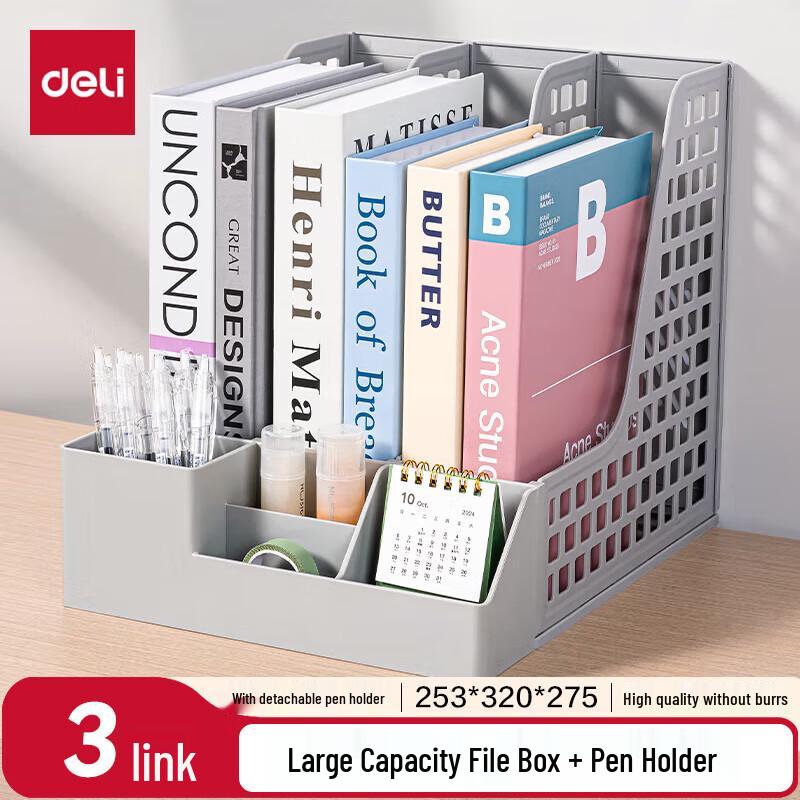 Deli 3-Compartment Desktop File Organizer with Pen Holder