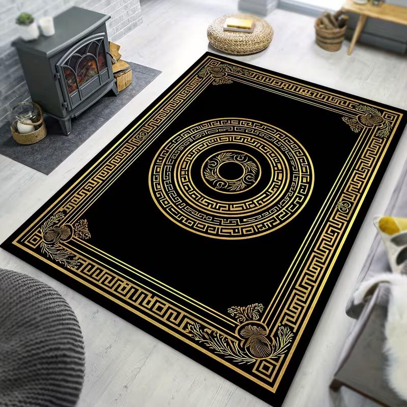 Luxe Zwart Goud Griekse Sleutel Vloerkleed Antislip Vloermat Woonkamer Klassieke Europese Stijl Huishoudelijk Tapijt Binnen Decoratie Mat