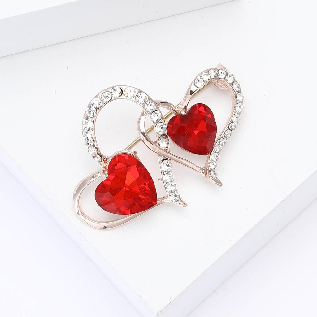 Creative design alloy rhinestone double heart brooch fashionable and versatile women's clothing chest flower accessories