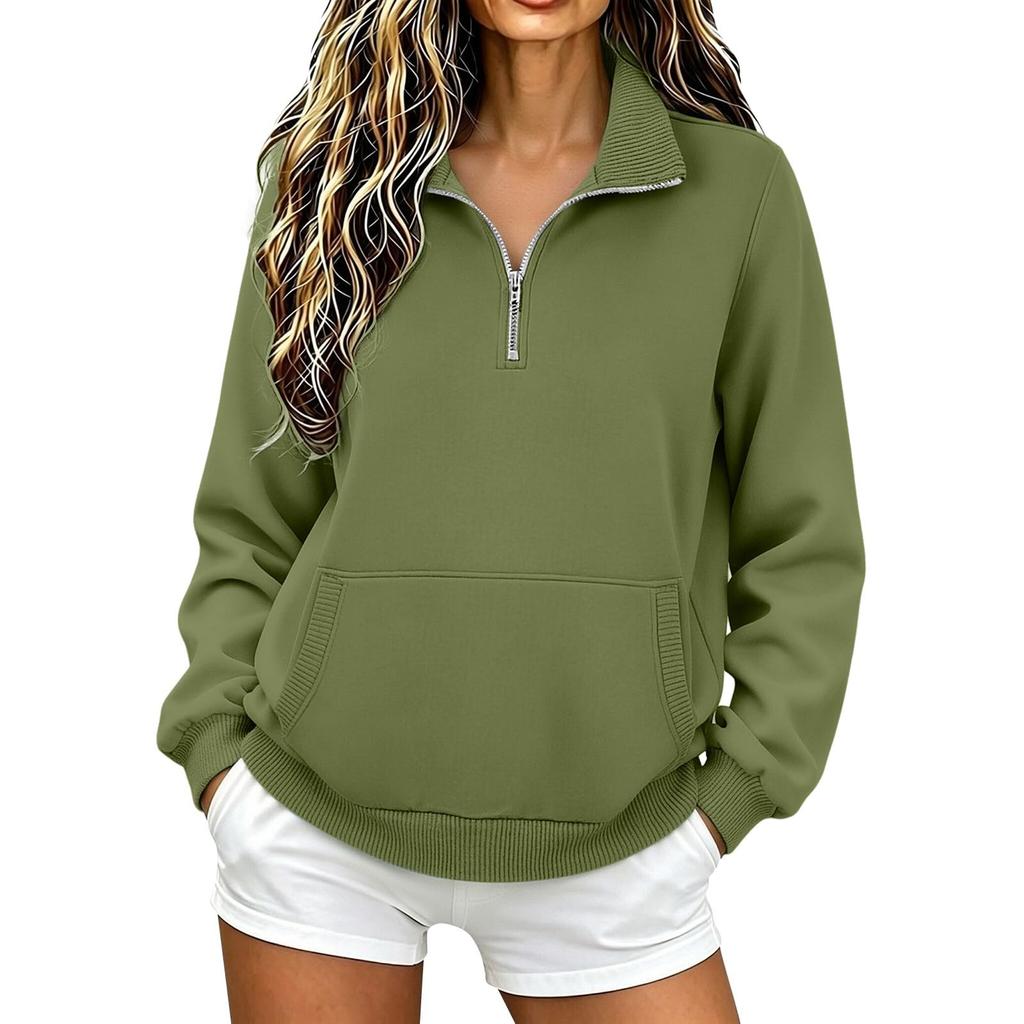 Women's Color Crewneck Long Sleeve Pullover Sweatshirt with Zipper Pocket, Loose Fit for Casual Everyday Wear