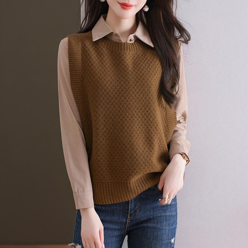 Women's Wool Knit Vest - 2025 Autumn/Winter New Style, Versatile Sleeveless Sweater with Shirt