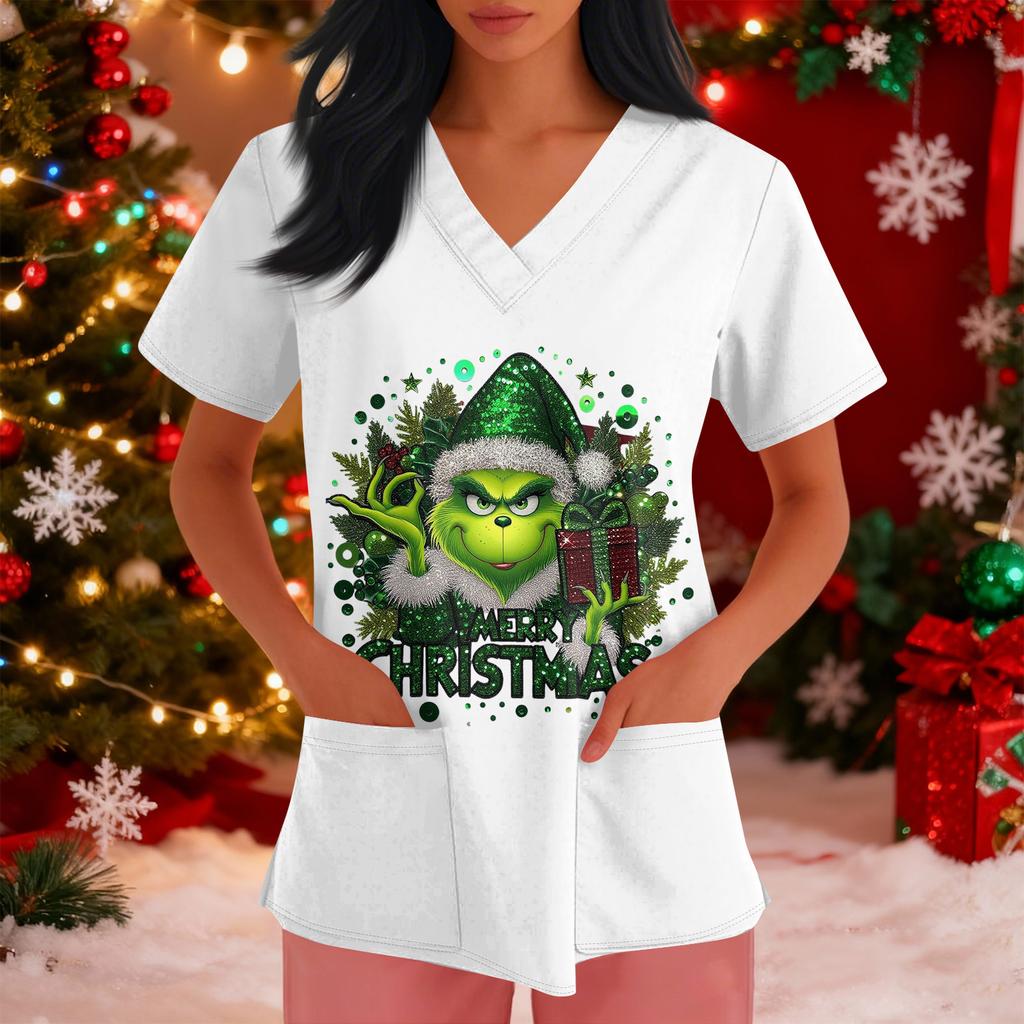 Women's Loose Short Sleeved Fashionable Tooth Pattern Printing V-neck Buttonable Side Slit Top T-shirt