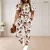 Women Plus Size Two Piece Set Round Neck Short Sleeve Ghost Printed White Crop Top Drawstring Cuffed Pants