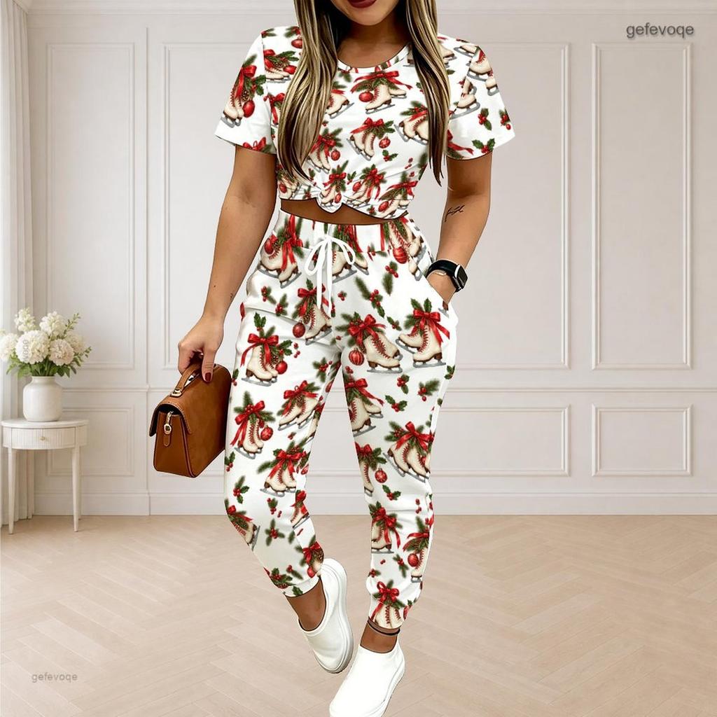Women Plus Size Two Piece Set Round Neck Short Sleeve Ghost Printed White Crop Top Drawstring Cuffed Pants