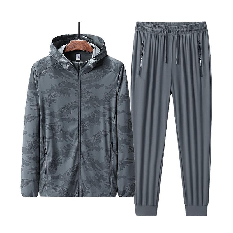 Men's Plus Size Ice Silk Set, Hooded Ice Silk Skin Jacket, Two-piece Set, High Elasticity Loose Fit Set
