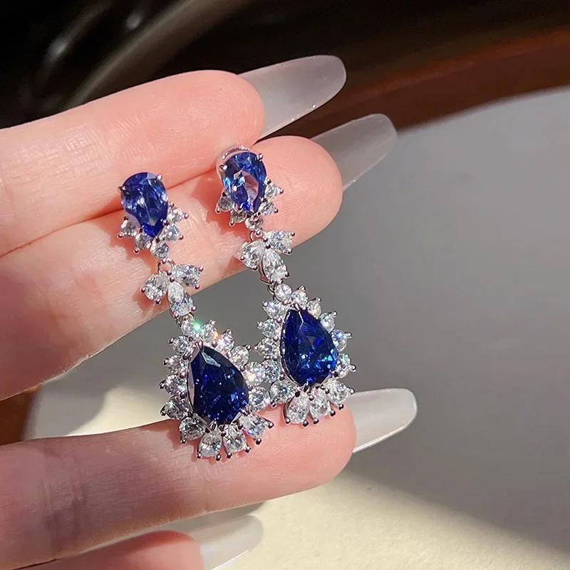 Royal Blue Zircon Oval Earrings Fashionable High-End Design Accessories for Banquets Personalized Simple Zircon