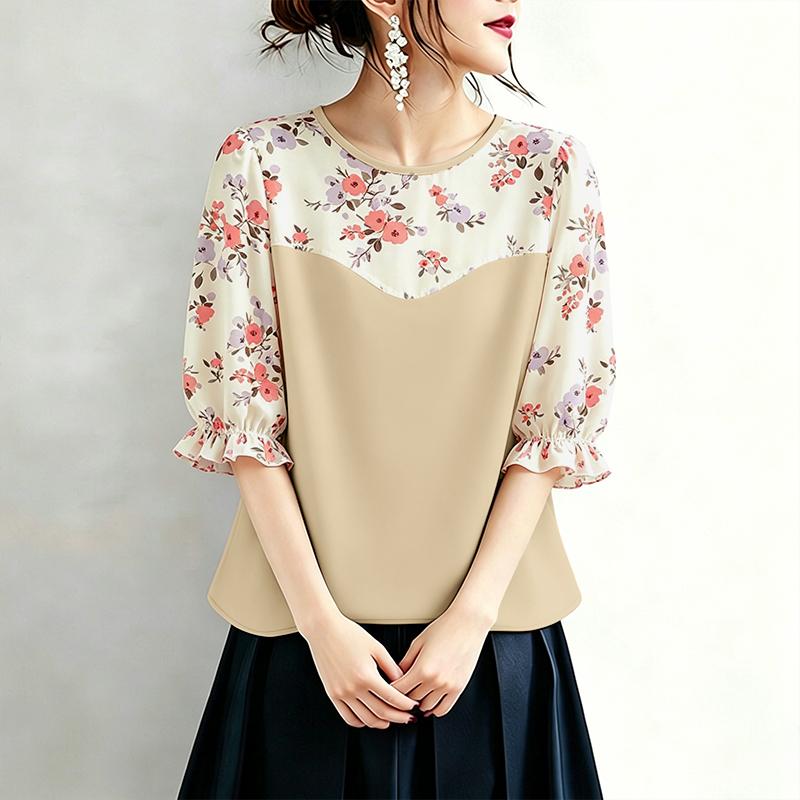 ZANZEA Women Floral Print Patchwork Round Neck Casual 3/4 Sleeve Blouse M абрикосовый