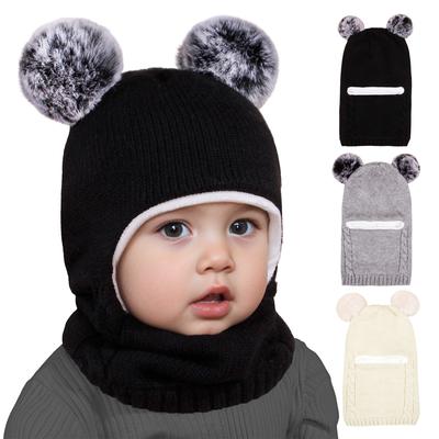 Winter Kinder Sturmhaube Mütze Doppelbommel Strickmütze für Baby Junge Mädchen Warm Dickes Fleecefutter Kinder Einteilige Mütze Schal