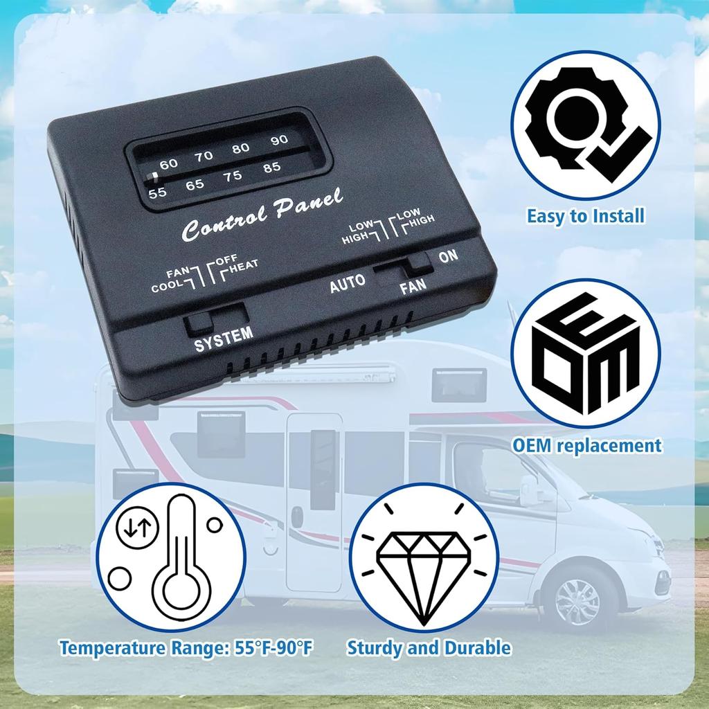 7330F3852 RV Air Conditioner Thermostat, Black, Single Stage Heating/Cooling Control, Compatible With Coleman Mach Series