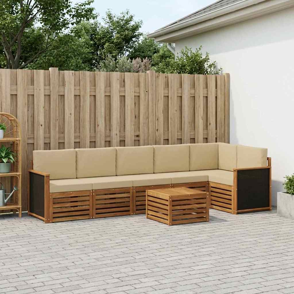 Outdoor Corner Sofa Set 6 pcs Natural Solid Acacia Wood and Polyester
