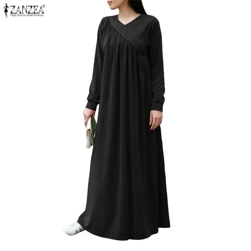 ZANZEA Women Casual V-Neck Long Sleeve Loose Long Dress