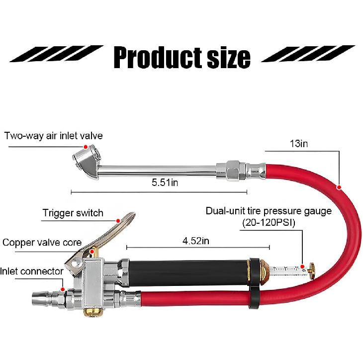 Heavy Duty Bayonet Style Tire Inflator With Air Chuck, 0-200PSI 17PCS Auto Tire Pressure Gauge With 4 Way Tool & Valve Core, Air Compressor