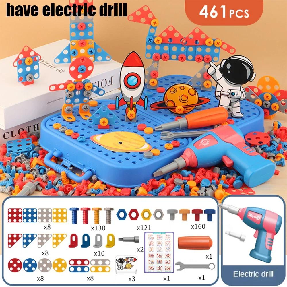 Ungiftige 3D-Puzzle-Spielzeuge Rollenspiel Werkzeugkasten Bohren Montage Lernspielzeug Kinderspielzeug Werkzeugkasten Elektrischer Bohrer Schraube Mutter