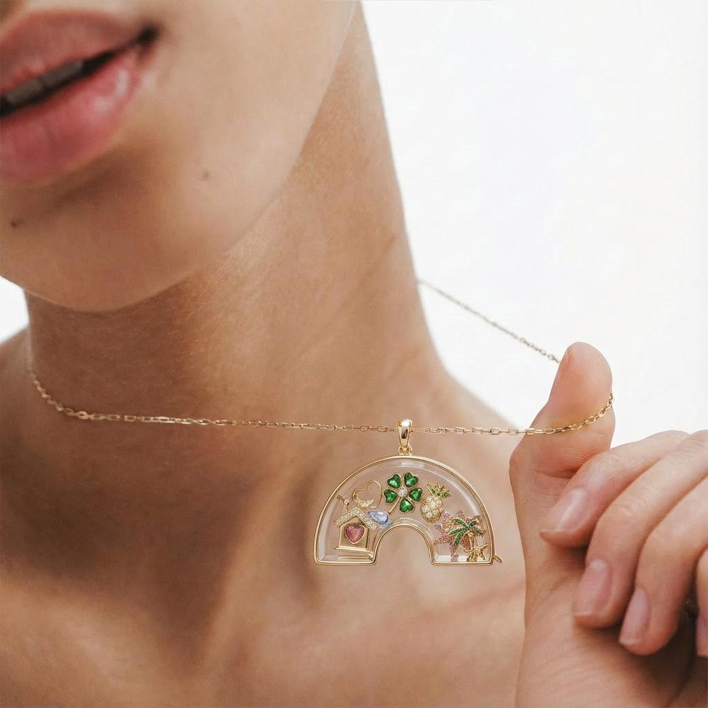European Retro Rainbow Glass Photo Frame Necklace with DIY Openable Hollow Design Pendants, Transparent Box Gold
