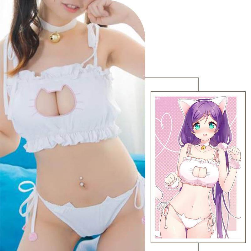 Erotic Sexy Anime cat maid uniform cosplay girl sexy lingerie set cartoon three-point bra underwear set maid embroidery earplugs