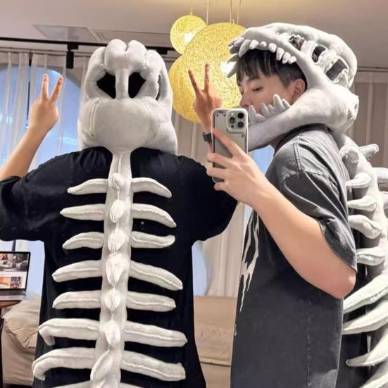 Dinosaur Skeleton Costume Realistic Plush 3D Dinosaur Skull Headpiece And Spine Costume Set for Halloween Cosplay