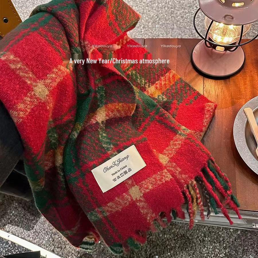 Écharpe à Carreaux Rouges Style Coréen - Snood d'Hiver Festif, Chaud et Polyvalent pour Femmes