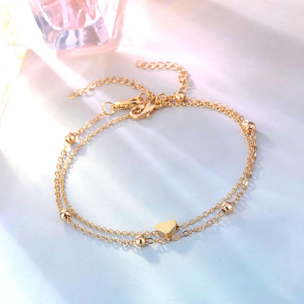Summer Beach Golden Round Bead Foot Chain Simple Temperament Heart-shaped Anklet Multi-layer Thin Chain Woman