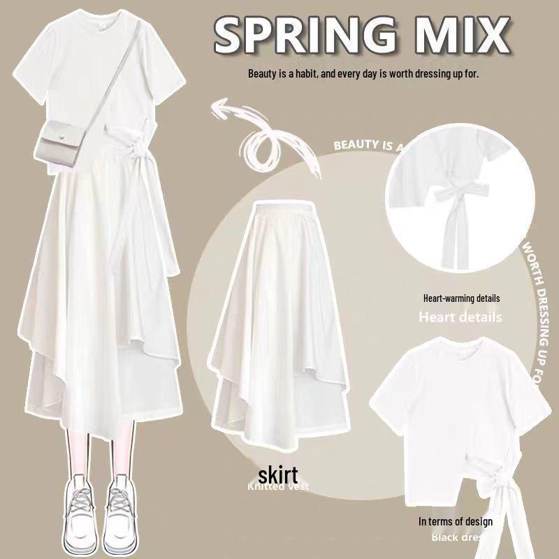 Trendy Two-Piece Summer Set: Women's Short Sleeve T-Shirt + White Skirt for 2026