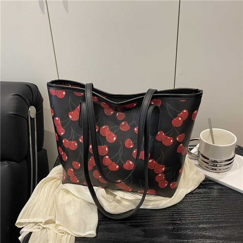 Cherry Print Large Capacity Tote Bag Fashionable Soft Faux Leather Shoulder Handbag for Women