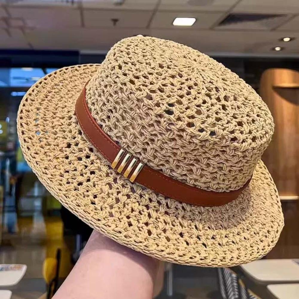 Breathable Mesh Handwoven Sun Cap Lightweight Flat Top Beach Hat Straw Boater Hat Chic Travelers хаки