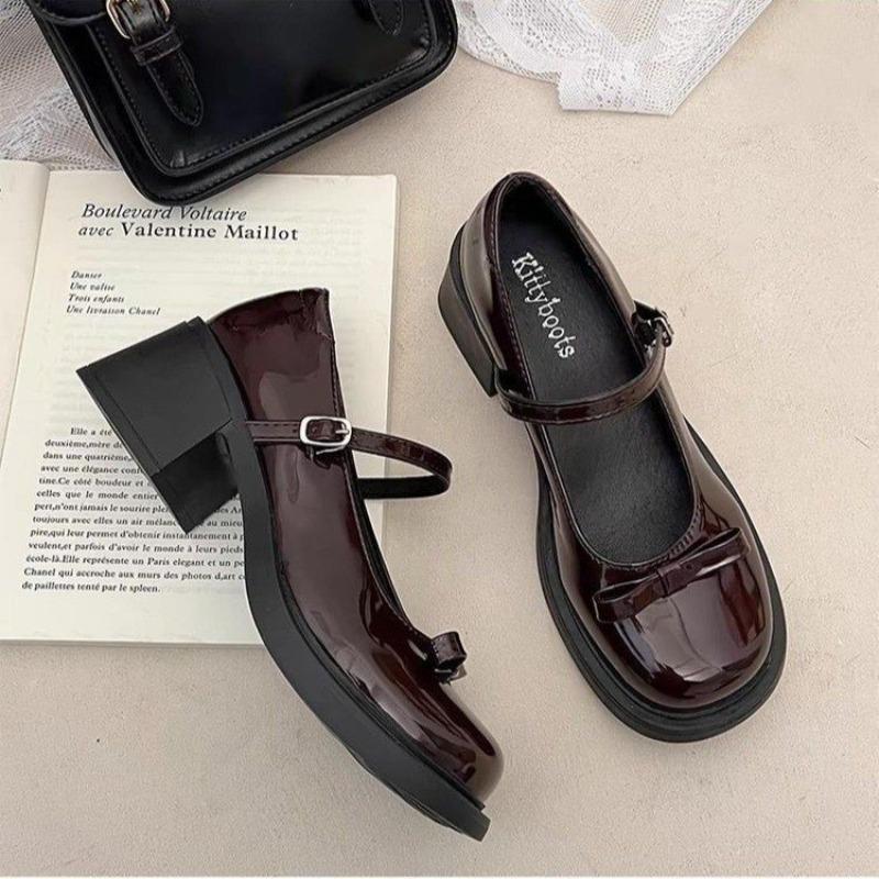 Coarse heel Mary Jane shoes women's autumn new bow versatile brown one-button small leather shoes