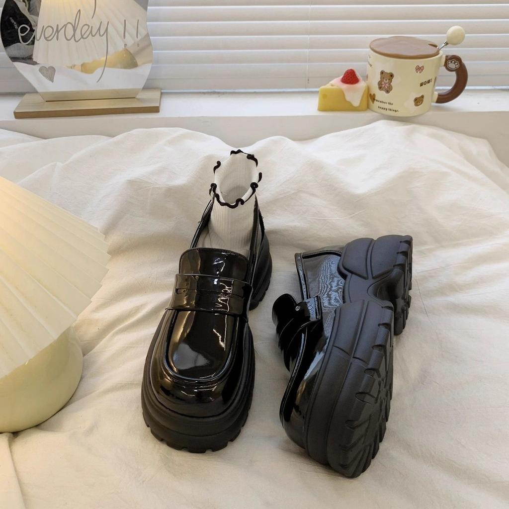 Women's shoes platform one pedal jk black loafers British style small leather shoes women's single shoes 2025 new spring, autumn and winter