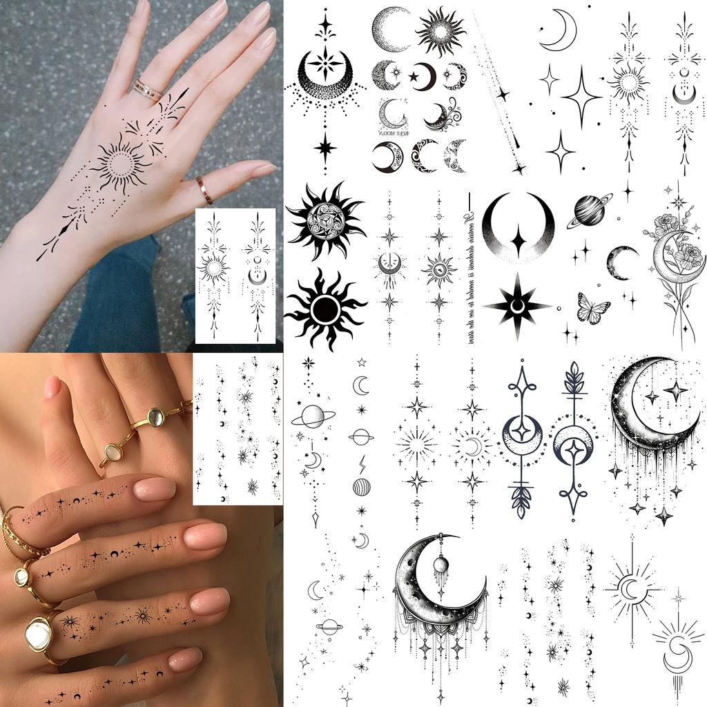 1 Sheet Crescent Sun Chain Temporary Tattoos For Women Hands Neck, Fake Tattoo Stickers Waterproof Long Lasting Realistic Tatoos