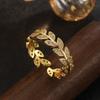 Light luxury retro minimalist style open ring for women, simple leaf finger ring.