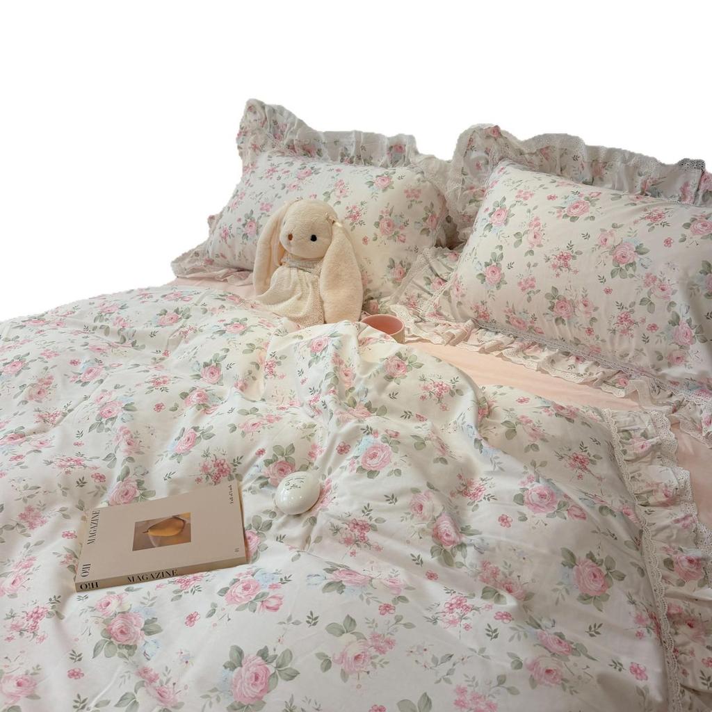 Korean Style Girlish Lace Cotton 4-Piece Princess Bedding Set for 1.8m Bed