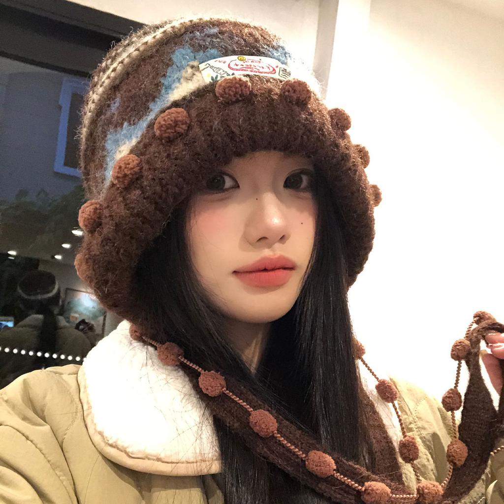 Fair Island contrasting color knitted wool hat women's season versatile big head circumference showing face small ear protection warm pullover hat