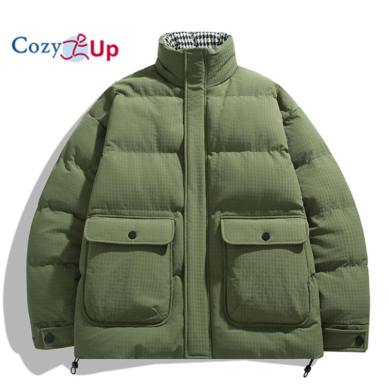 Cozy Up Herren Winter Taschen Baggy Daunenjacke Hahnentritt Baumwollmantel Langarm Reißverschluss Mäntel