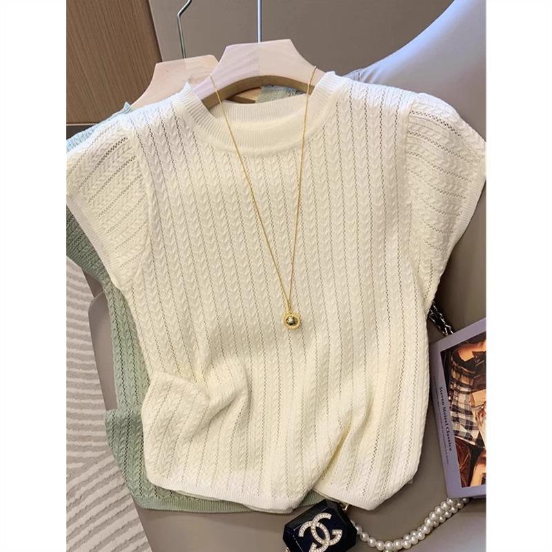 

French Hollow Round Neck Knitted Short-sleeved T-shirt for Women 2025 Summer Super Nice Top OneSize абрикосовый
