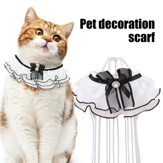 Elegant Faux Pearl Pet Bib Lace Ruffle Cat Collar, Bandana with Bow Knot, Retro Puppy Formal Neckwear Cute Princess Collar for Cats Small Dogs Wedding