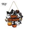 Fall Front Porch Signs Halloween Wooden Wreath Door Hanger Sign, Pumpkin Ghost Black Cat Witch Weatherproof Wall Decorations Bat Patterns, Hanging